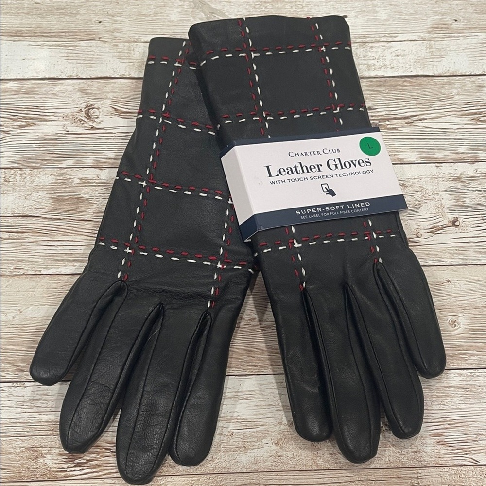 Charter Club Womens Leather Gloves Black Touch Screen Faux Fur Lined Large NEW